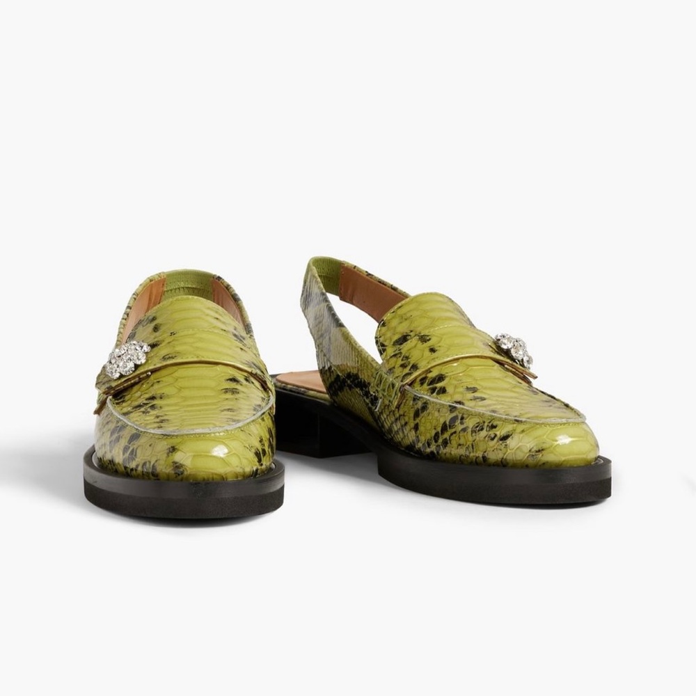 Ganni leather embossed snakeskin sling back flat